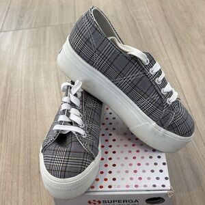 Superga Women's Black and White Plaid Platform Sneakers
